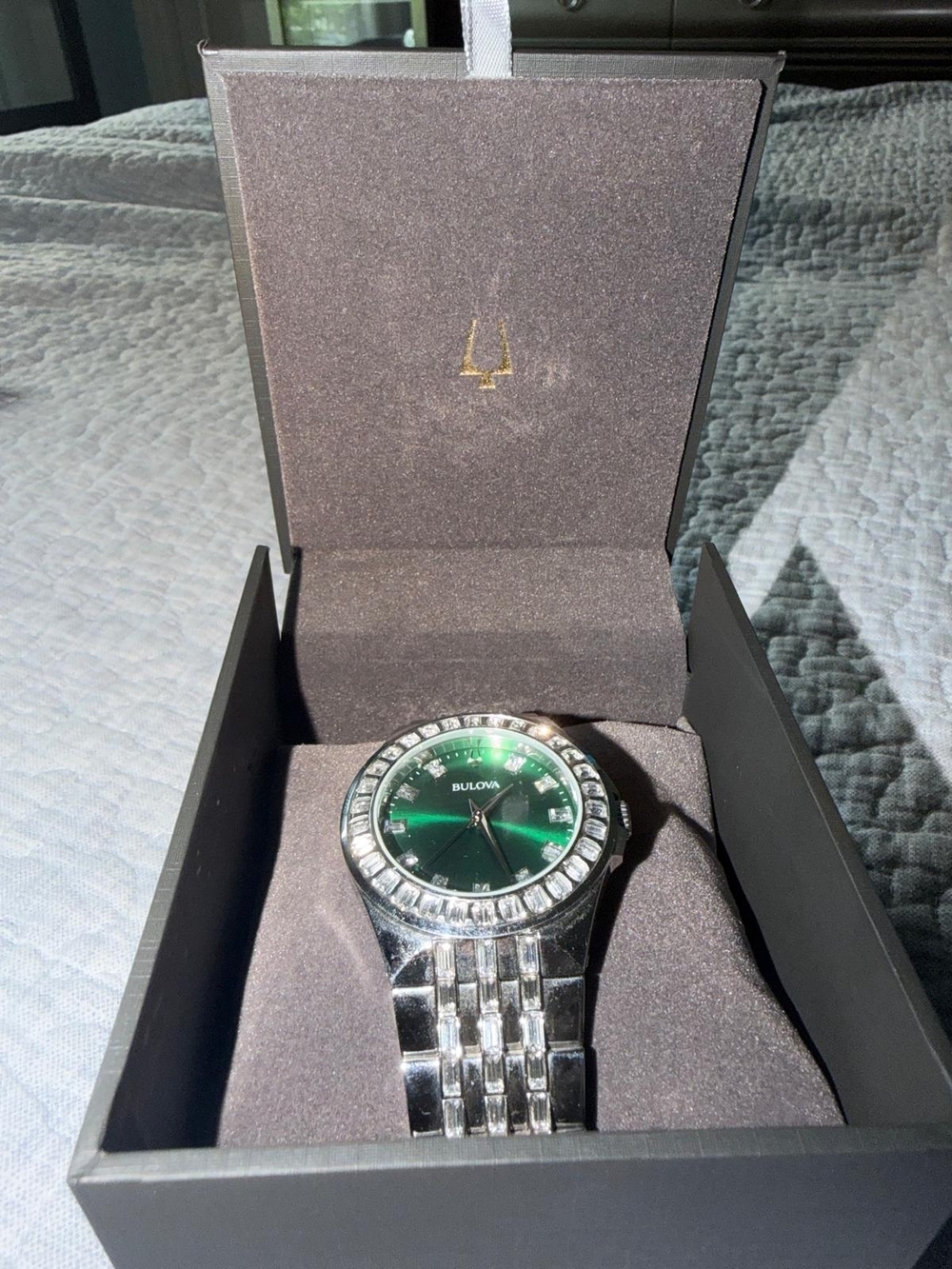 Bulova Men's Silver Bracelet Watch with Green Sunray Dial